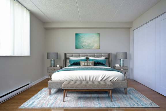 a bedroom with a bed and a rug
