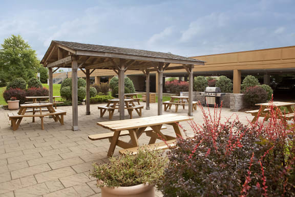 an outside patio with picnic tables and a grill