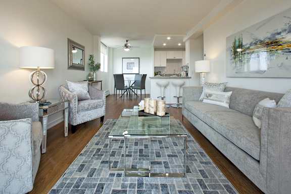 A living room with a grey couch, a glass coffee table, and a grey and white rug.