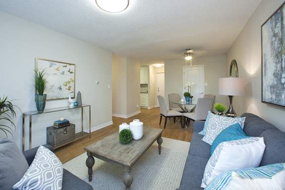 A living room with a grey couch and a wooden coffee table.