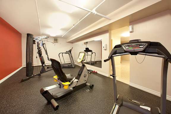 A gym with a treadmill, exercise bike, and other equipment.