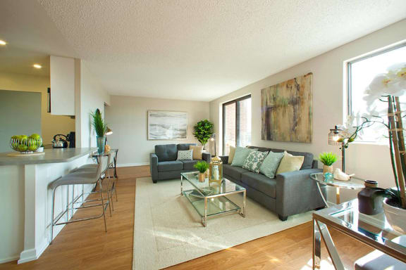 a living room with a couch and a table