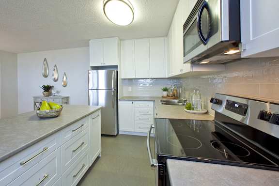 a large kitchen with stainless steel appliances and white cabinets