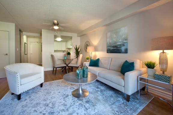 a living room with a couch and a table