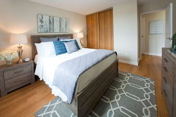 A bedroom with a large bed and a grey rug.