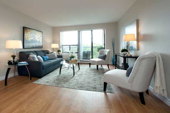 A living room with a grey couch, a white chair, and a rug.
