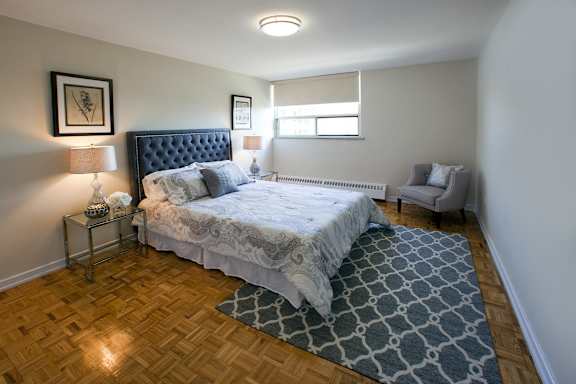 a bedroom with a bed and a rug and a window