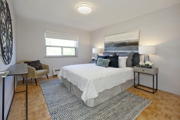 a bedroom with a bed and a chair and a rug