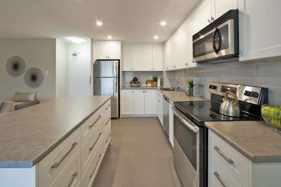 a large kitchen with stainless steel appliances and white cabinets