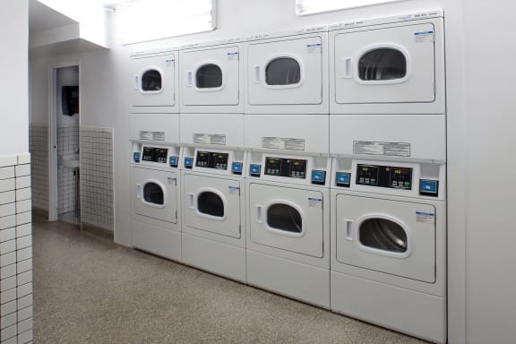 a row of washers and dryers in a laundry room