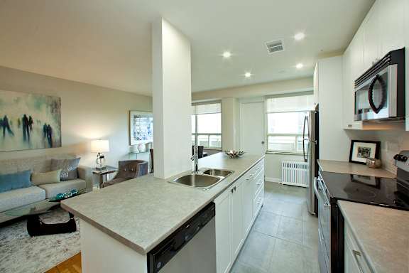 a kitchen with a sink and a counter top in a living room