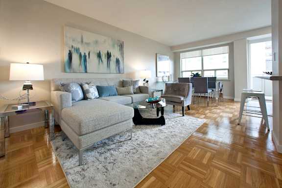 a living room with a couch and a chair and a rug