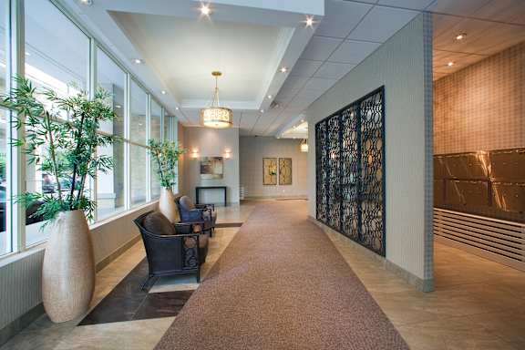 a long hallway with large windows and chairs and a plant