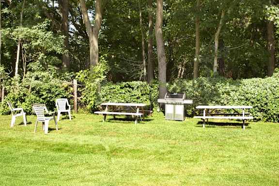 a group of picnic tables and a barbecue grill in the grass