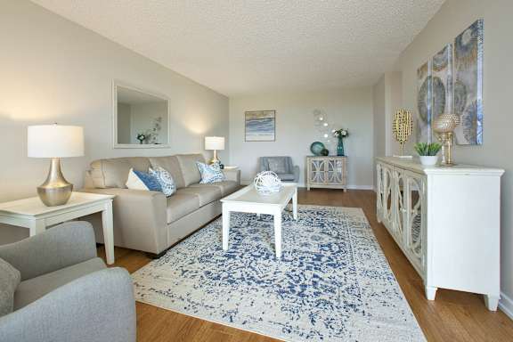a living room with white furniture and a blue and white rug