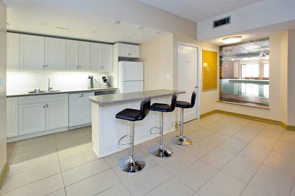 a kitchen with a bar with three stools in front of it