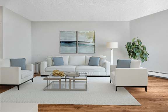 a living room with white furniture and a white rug