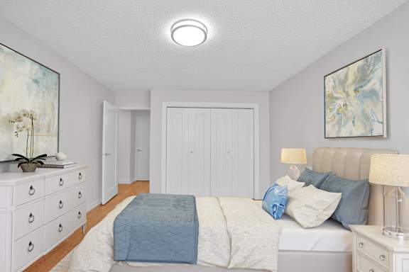 a bedroom with a bed and a closet
