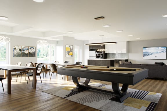a pool table in the center of a living room