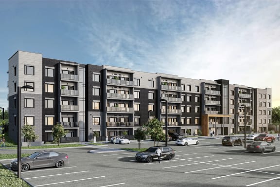 a rendering of an apartment building on a city street