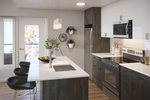 a kitchen with a white counter top and a sink