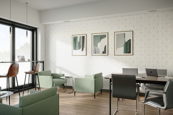a rendering of a restaurant with green chairs and tables and a window