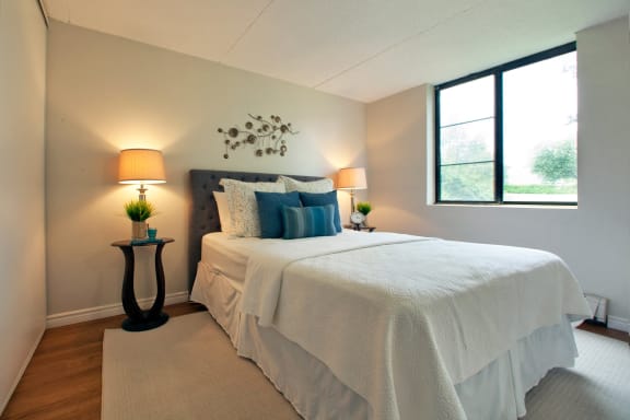 a bedroom with a large bed and a window