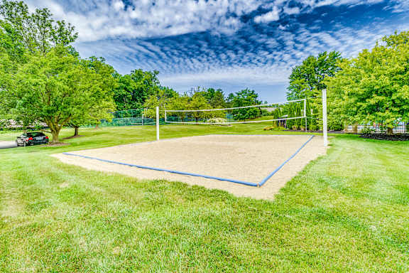 A tennis court surrounded by green grass and trees.