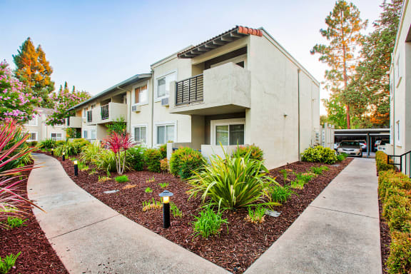 a sidewalk in front of a building with plants and trees  at Pleasanton Place, Pleasanton, 94566