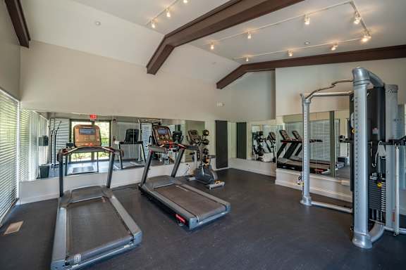 A gym with treadmills, weights, and mirrors.