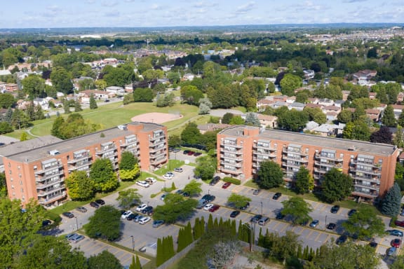 an aerial view of an apartment complex in the city