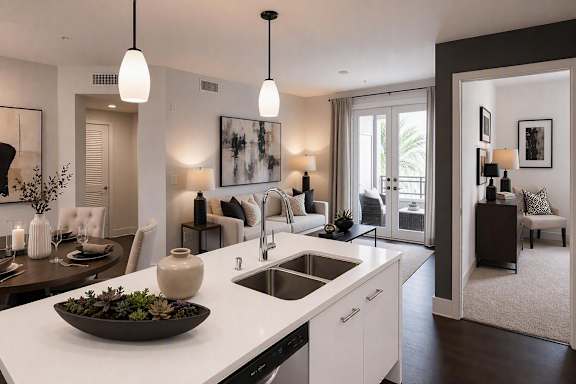A modern kitchen with a large island and a bowl of plants on the counter.