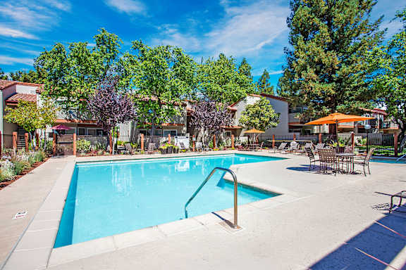A swimming pool surrounded by trees and chairs.