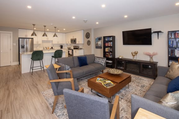 a living room with a couch and a table