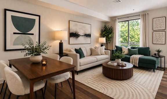A modern living room with a wooden table and white chairs.