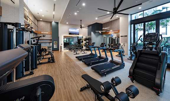A gym with treadmills, weights, and exercise equipment.