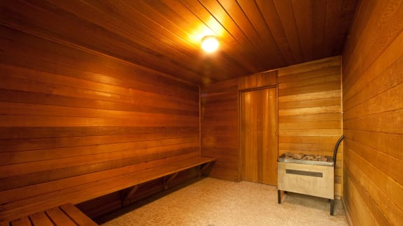 a sauna with a bench and a sink in it
