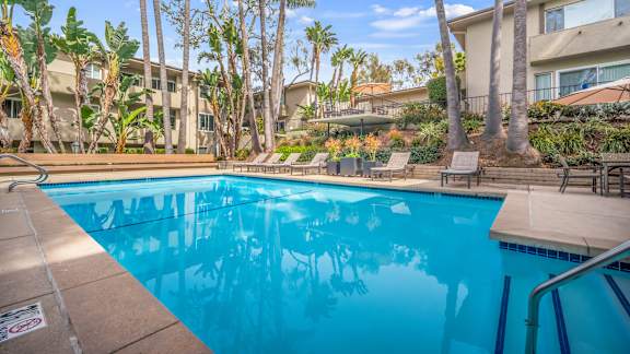 A swimming pool surrounded by palm trees and a building in the background.