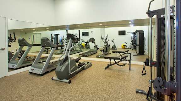 a gym with cardio equipment and weights on the floor