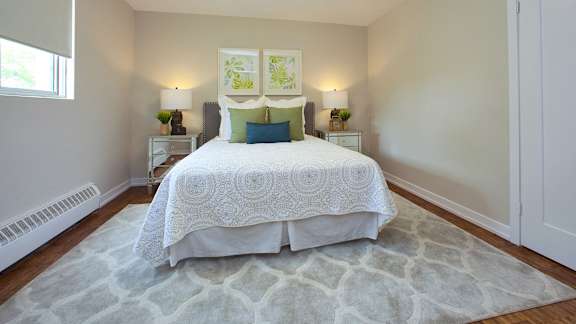 a bedroom with a large bed and a rug
