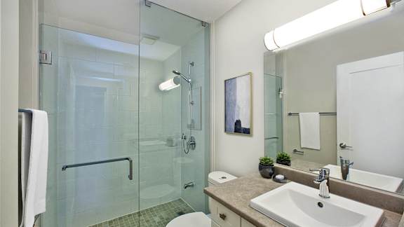 a bathroom with a shower and a sink and a mirror