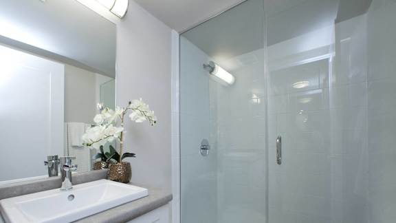 a bathroom with a shower and a sink and a mirror