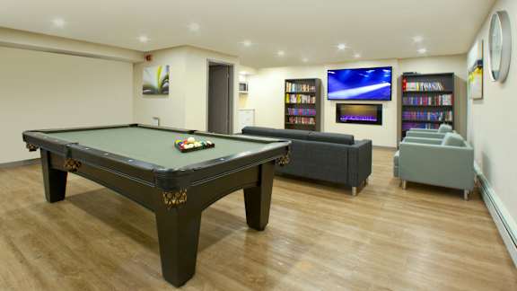 a games room with a pool table and couches