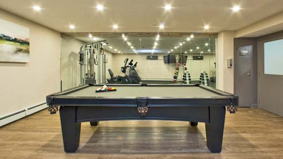 a billiards table in a home gym with a pool table
