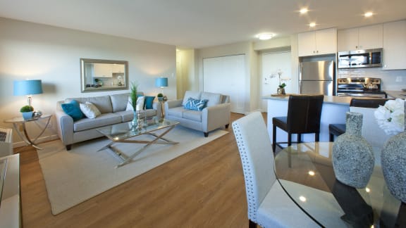 a living room with couches and chairs and a glass table