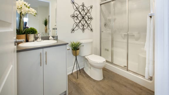a bathroom with a shower and a toilet and a sink