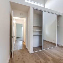 bedroom with mirrored closet doors