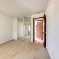 bedroom with mirrored closet doors