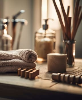 a bathroom counter with towels and soap and other amenities at Amity Senior, Amityville, NY 11701