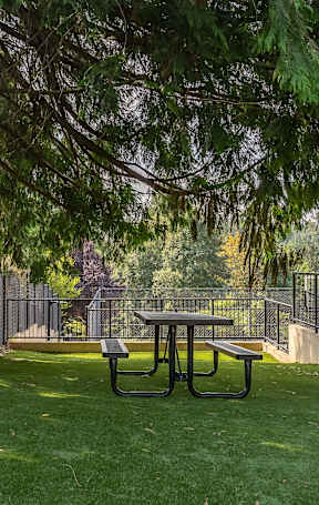A picnic table sits in the middle of a grassy area at Sandyplace Apartment Homes, Oregon